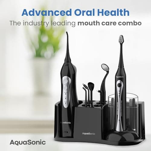 AquaSonic Home Dental Center Rechargeable Power Toothbrush & Smart Water Flosser - Complete Family Oral Care System - 10 Attachments and Tips Included - Various Modes & Timers (Black) 6