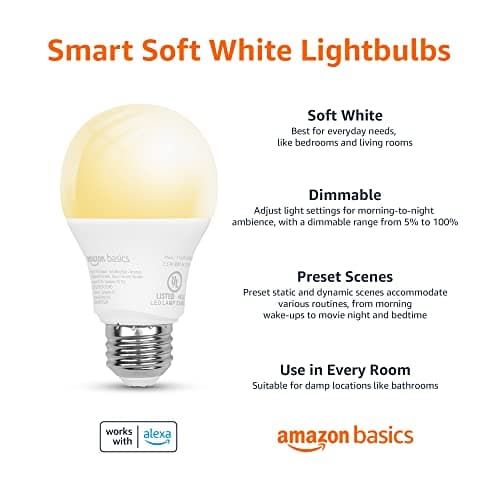 Amazon Basics Smart A19 LED Light Bulb, Dimmable Soft White (2700K), 7.5W (60W Equivalent), 800LM, Works with Alexa Only, 2.4 GHz Wi-Fi, No Hub Required, 1 Pack 2