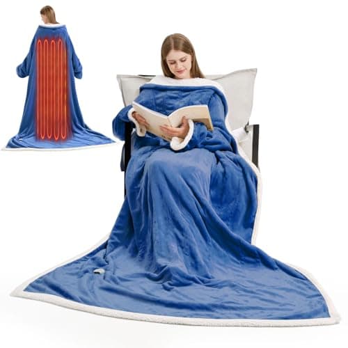 Meshoufu Heated Blanket, 55"×80" Wearable Electric Blanket with Sleeves, Sherpa Snuggle Throw Blanket, Warm Gift for Grandma, Mom, Dad, (Navy)