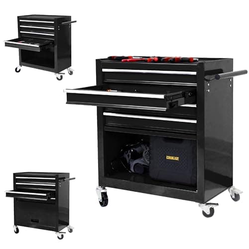 BouPower Rolling Tool Chest, 4-Drawer Rolling Tool Box with Interlock System and Wheels for Garage, Warehouse, Workshop, Repair Shop Black