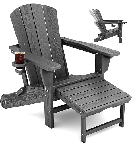KINGYES Folding Adjustable Adirondack Chair with Retractable Ottoman, HDPE Weather Resistance Oversized Outdoor Chair with Cup Holder, Wood-Like Reclining Versatile Adirondack Chair, Grey