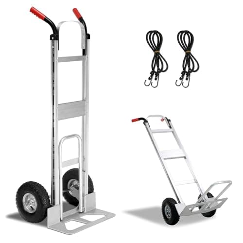 Aluminum Hand Truck 600 LBS Capacity, Handle Heavy Duty Industrial Dolly with 10" Pneumatic Tire and 2 Elastic Cords, Platform Cart for Transport and Moving in Home, Office, Warehouse, Supermarket