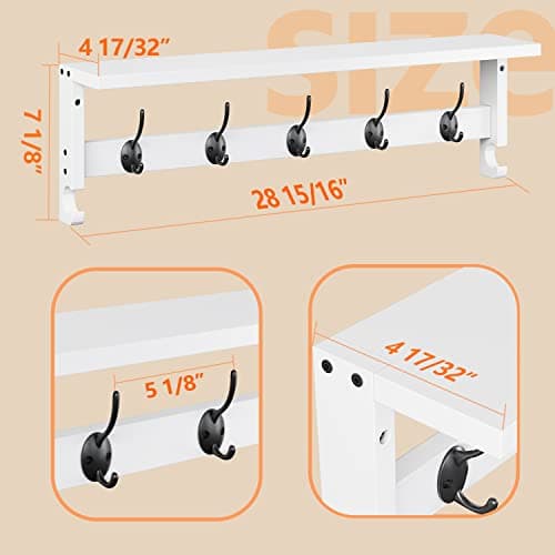 AMBIRD Coat Rack Wall Mount with Shelf, 28.9 Inches Coat Hooks Wall Mounted with 5 Hooks, Hat Wall Hooks for Hanging in Entryway, Living Room, Bathroom, Bedroom (White, 28.9 * 4.5 inches) 7