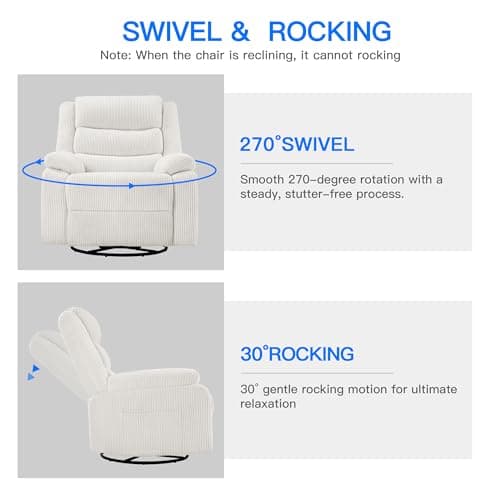 PrimeZone Swivel Rocker Recliner Chair- Oversized Rocking Glider Chair with Electric Massage Heat & USB Ports, Corduroy Reclining Chair for Living Room, Nursery, Bedroom, Home Theater, White 5