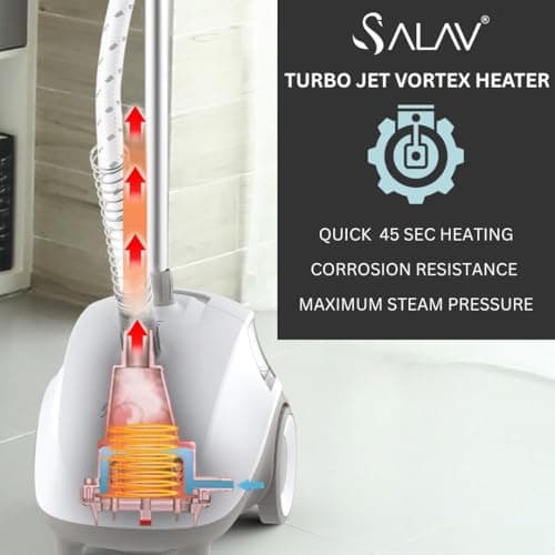 SALAV® Standing Steamer for Clothes, 1500W Powerful Garment Steamer with Roll Wheels, 4 Steam Settings, High Efficiency Stainless Steel Plate, with Limescale Remover Descaler Packets 5
