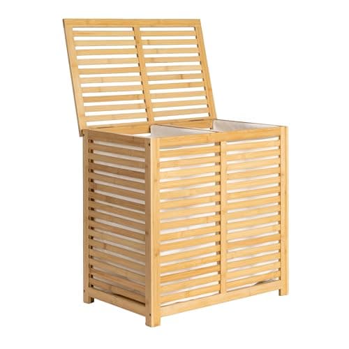 Household Essentials Bamboo and Cotton Double Laundry Sorter with Lid and Removable Cotton Bags, Natural 9