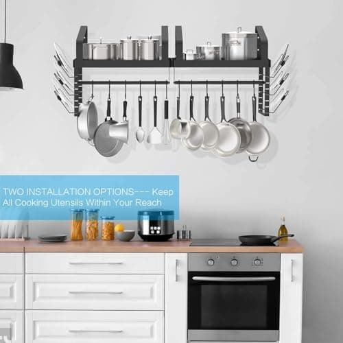 X-cosrack Pot Racks Wall Mounted Set of 2,with Towel Bar and Pots Pans Lids Organizer, Kitchen Cookware Hanging Shelves with 12 Hooks, Black 6
