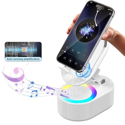 AKLLCCR Wireless Induction Audio Bluetooth Speaker 5in1 Phone Holder Emergency Rechargeable (3000mAh) with Colorful Ambient Light 300° Foldable for Tablet iPhone Android, Gifts for Men Women (White)