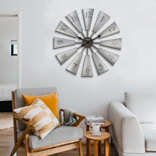 CLXEAST 30 Inch Large Farmhouse DIY Windmill Decor Wall Clock, Adjustable Size 24"/26"/28"/30"/32", 24 Inch Wall Clock for Living Room Decor,Wall Art Decor, Galvanized Plastic 7