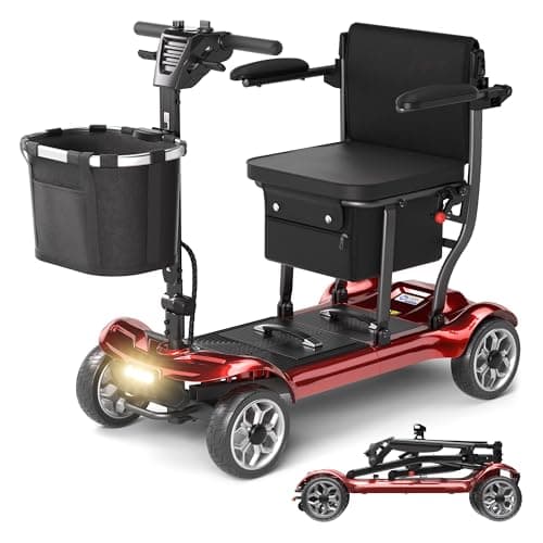 Lightweight Mobility Scooter for Seniors & Adults - Cruise & Airport Approved, 43lb Foldable Portable Motorized Scooters with Removable Lithium Battery for 12.4 Miles Travel, 300lb Capacity, Red
