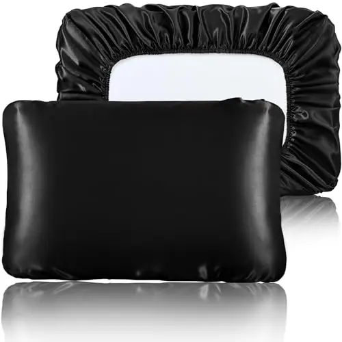 SiinvdaBZX Black Satin Pillowcase Standard/Queen Size Set of 2, Silky Travel Elastic Band Satin Pillow Case for Hair and Skin, Soft Portable & Fit for Various Pillow