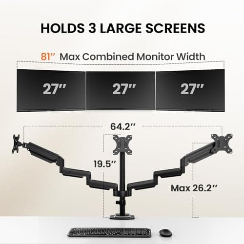 ErGear Triple Monitor Mount for 13-27 inch Screens, Premium Aluminum Triple Monitors Stand up to 17.6 lbs, Sturdy 3 Monitor Desk Mount with Swivel, Tilt, Rotation, Max VESA 100x100mm 5
