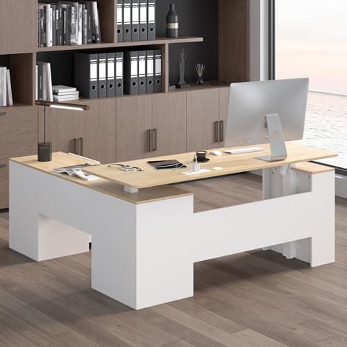 JOMEED 63" L Shaped Electric Standing Desk with Drawers, Executive Adjustable Height with Privacy Panel and Power Outlets(Oak and White) 9