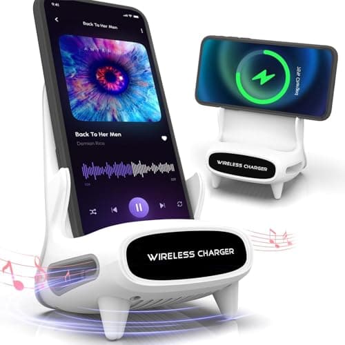 Cell Phone Stand with Wireless Bluetooth Speaker,15W Fast Qi Wireless Charging with Amplifying Sound Design,Tech Unique Gift for Men WomenHim Her Dad Husband Boyfriend