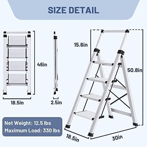 XinSunho 4 Step Ladder, Retractable Handgrip Folding Step Stool with Anti-Slip Wide Pedal, Aluminum Stool Ladders 4 Steps, 330lbs Safety Household Ladder 6