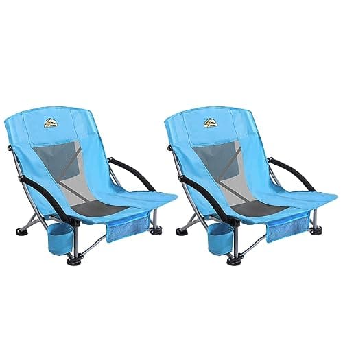 Colegence Low Back Camping Chair 2 Pack Support 300 LBS Carry Bag Included,Low Profile Folding Outdoor Chair,Camp Beach Chairs Set,with Phone Bag,Cooler Pocket,Cup Holder (2 Pcs Blue)