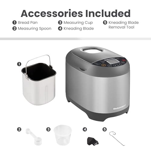 Elite Gourmet EBM8103SS Programmable Bread Maker Machine, 3 Loaf Sizes, 19 Menu Functions Gluten Free White Wheat Rye French and more, 2 Lb, Stainless Steel 6