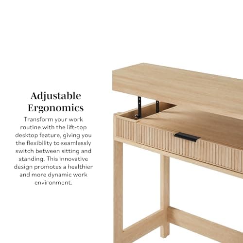 WALKER EDISON Transitional Style Furniture, Reeded Detail, Lift-Top Desk with Drawer and Storage Cubby, Sitting to Standing Desk, Soft Self-Close Desktop, 38”W x 16.75”D x 30”H, Coastal Oak 11