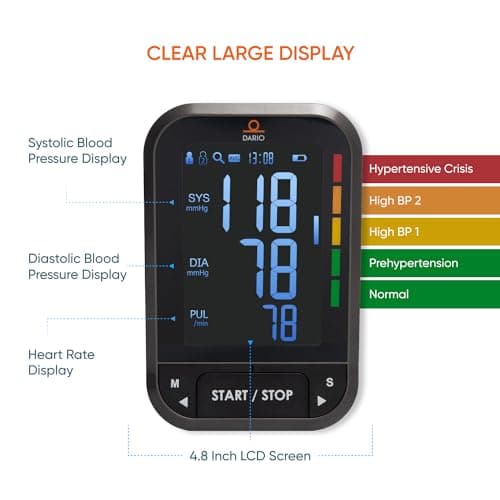 Dario Blood Pressure Monitor for Home Use Gen2 Automatic Machine, LCD Backlit Display, Large Adjustable Arm Cuff (8.75-16.5in) Smart Bluetooth App & Carry Case 5
