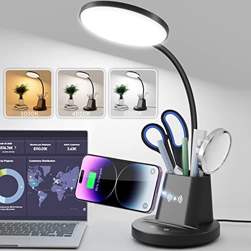 Sailstar Desk Lamp, Desk Lamps for Home Office with Wireless Charger & Pen Holder, 800 Lumens, Flexible Neck 3 Modes Dimmable Touch LED Desk Light, Small Desk Lamp for College Dorm Room, Black