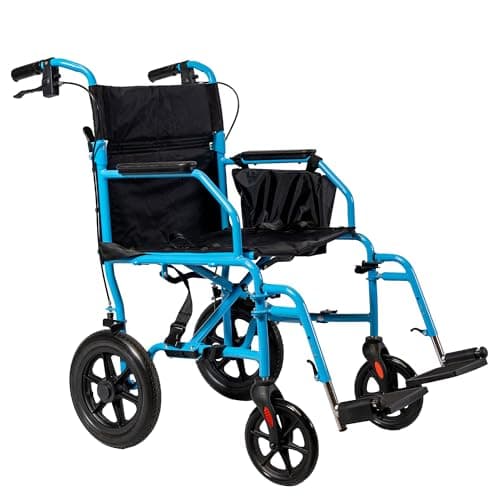 Platinum Health Hummingbird™ Ultra-Lightweight Foldable Transport Wheelchair, Handbrakes,12-Inch Rear Wheels, Extra-Wide Seat. Convenient Table-Length Padded Armrests. (Sky Blue)