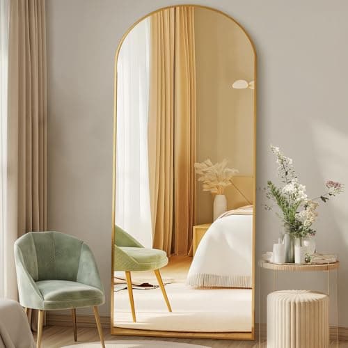 DUMOS 63.6"x20.6" Arched Full Length Mirror with Stand Floor Free Standing Aluminum Frame for Bedroom Body Hanging Leaning Modern Simple Home Decor Shatter-proorf Nano Glass Wall, Gold-Rounded 7