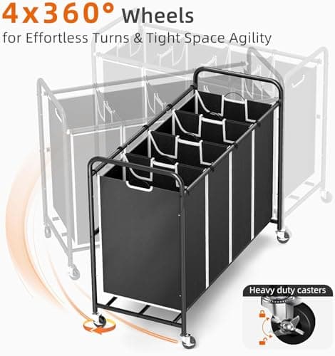 ROMOON Laundry Hamper Sorter Cart: 4-Section Organizer with Heavy-Duty Lockable Wheels and Removable Bags | 180L Rolling Laundry Basket for Dirty Clothes in Laundry Room or Small Spaces (Black) 5