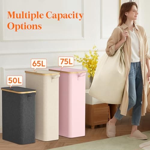 Lifewit 65L Slim Laundry Hamper with Lid, Narrow Laundry Basket with Removable Bag & Bamboo Handles, Fodable Thin Dirty Clothes Hamper for Laundry Collapsible Bin for Bathroom Bedroom Dorm, Dark Gray 8