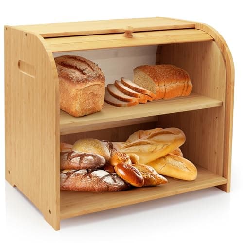 Thalomely Bread Box for Kitchen Countertop, Double Layer Bamboo Bread Storage Container for Homemade Bread, Roll Top Bread Box with 3 Adjustable Height for Kitchen Counter, Natural Breadbox Organizer