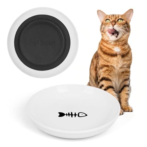 Ceramic Cat Food Bowls - 2 Pack Shallow Plates for Wet Food, Whisker-Friendly Feeding Dish with Non-Slip Silicone Base, Microwave & Dishwasher Safe for Indoor Cats & Kittens