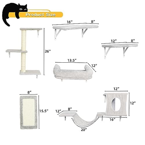 NUNU LAB Wall Mounted Cat Furniture Set - 6 Pcs Climber Set with House, Bridge, Steps, Scratcher Board - DIY Walls Playground, Indoor Cat Shelves - Gray 5