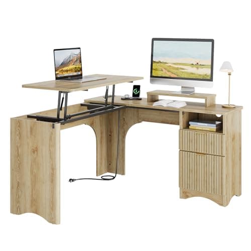Bestier L Shaped Desk with Lift Desktop, 55 inch Corner Desk with Fluted Panel Deisgn Drawers, Modern Office Desk with File Drawer (Natual Oak, 55'' x 55'' Lift Top) 8
