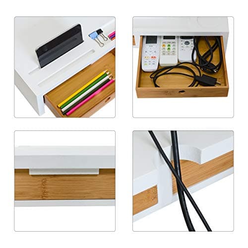 Computer Monitor Stand with Drawers - White Wood Laptop Screen Printer TV Riser 22.05L 10.60W 4.70H inch, Desk Organizer in Home&Office 6