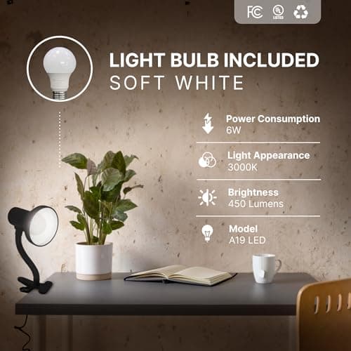 Xtricity LED Desk Light, 360° Adjustable Gooseneck, Home and Office Lamp with 7W A19 Bulb, 120V, On/Off Switch, 14” Height - Reading Lamps for Bedside Table, College Dorm (Black Finish) 4