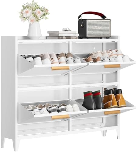 Shoe Storage Cabinet with Flip Drawers,Narrow Shoe Cabinet Storage for Entryway, Metal Slim Shoe Cabinet with Legs & Removable Shelf,Hidden Shoe Organizer Cabinet for Entryway (4 Drawers, White)