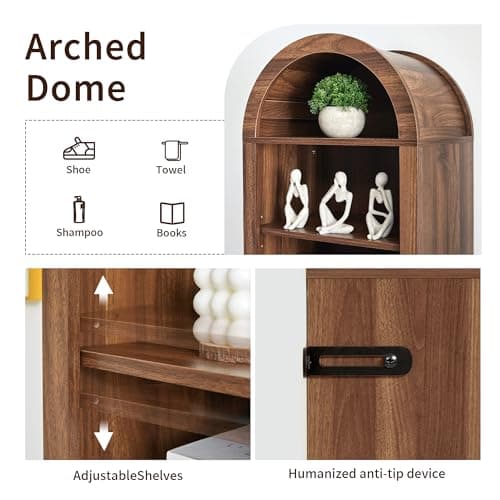 Tall Narrow Arched Bookshelf, 8-Tier Skinny Arch Bookcase for Small Space, Freestanding Storage Organizer with Adjustable Shelves, Open Display Shelves for Living Room, Entryway (Walnut) 7