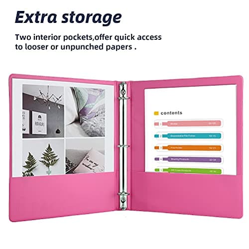 3 Ring Binders,1” Round Ring, Holds 8.5 * 11inch Papers, with 2 Pockets,6 Colors Binder Assorted Pack 6