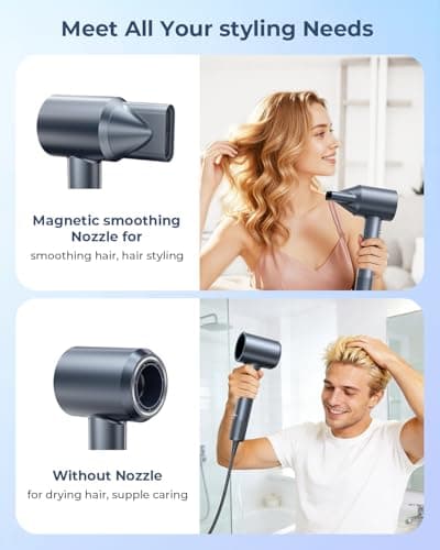 Hair Dryer, 150000 RPM Professional High-Speed Blow Dryer, Negative Ionic Hair Dryer for Fast Drying, Low Noise Thermo-Control HairDryer with Magnetic Nozzle for Home Travel Women Man 5