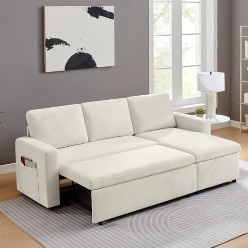 85’’ Sofa Bed, 2 in 1 Sleeper Sofa with Multiple Storage Spaces and Detachable Chenille Cover, Easy to Assemble, Comfy Futon Pull Out Couch for Living Room/Office/Apartment (Beige) 8