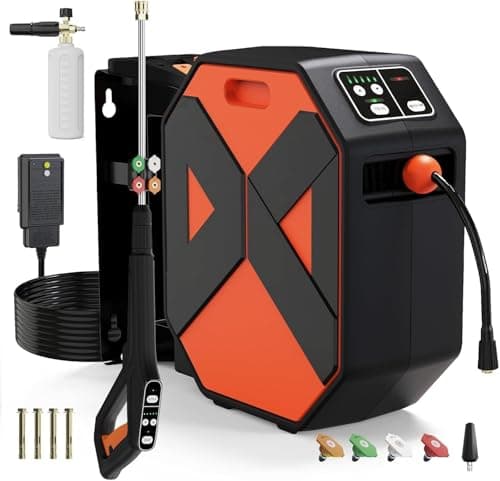 Wall Mounted Pressure Washer, 5000MAX-PSI Wall Mounted Power Washer with 100 FT Retractable Hose, Remote Control, Foam Cannon, 5 Connect Nozzles for Garage/Patio/Home Cleaning, Orange