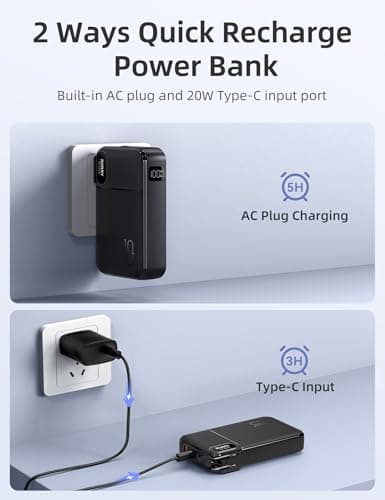 RORRY Portable Charger Built-in Cables, AC Wall Plug Portable Charger Power Bank 10000mAh Travel Battery Pack 22.5W Fast Charging for iPhone 16/15/14 Samsung Galaxy S24/S23/S22 Pixel LG iPad 7