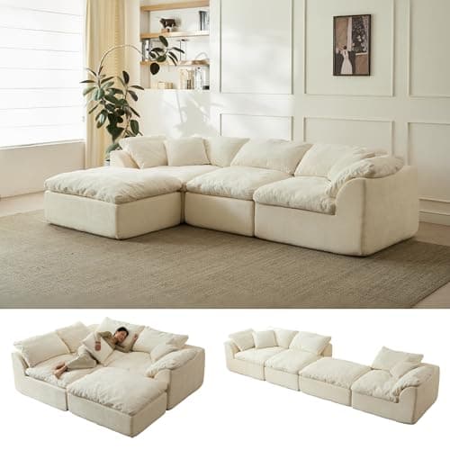 109" Modular Cloud Couches for Living Room, Boneless Couch Deep Seat Convertible L-Shape with Ottoman, Oversized Comfy 3-Seater Couch Chenille Fabric Compressed Sofa Modern Sectional Sofa,Creamy White