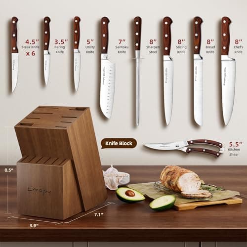 Knife Set, 15-pcs Emojoy Kitchen Knife Set with Block, Premium Kitchen Knives with Heavy Poultry Shears, Sharpener and 6pcs Serrated Steak Knives 3