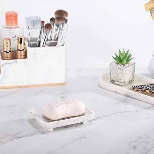 Aimou Non-Slip Soap Holder with Drain, Marble White Resin Soap Tray, Keeps Soap Bars Dry Clean, Easy to Clean in Bathroom 7
