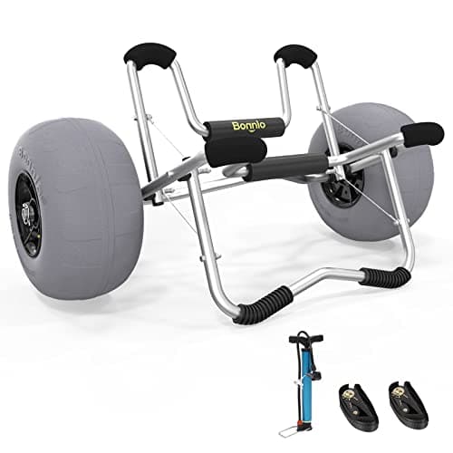 Bonnlo Deep U Kayak Cart Trolley Canoe Paddle Board Boat Cart Carrier Dolly with 12" Big Beach Wheels Balloon Kayak Wheels Cart Foldable, Free Pump, 2 Ratchet Straps- Perfect for Soft Sand (Silver)
