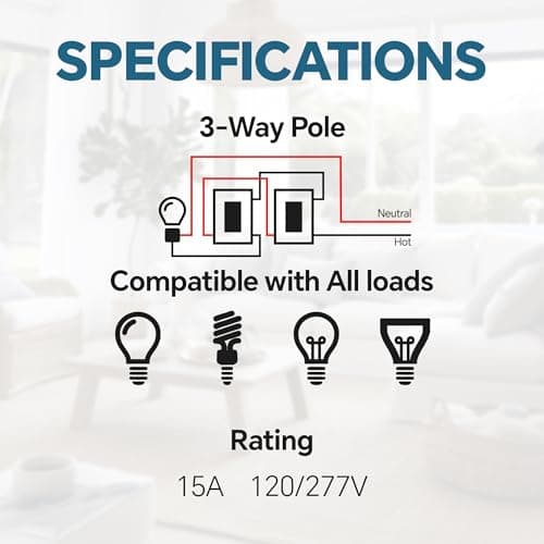 ThunderWay 3 Way Decorator Light Switch with Wall Plates, 15A 120/277V Decora Three Way Electrical Wall Paddle Rocker Switches Replacement, Residential Grade, UL Listed, Glossy White(10 Pack) 7