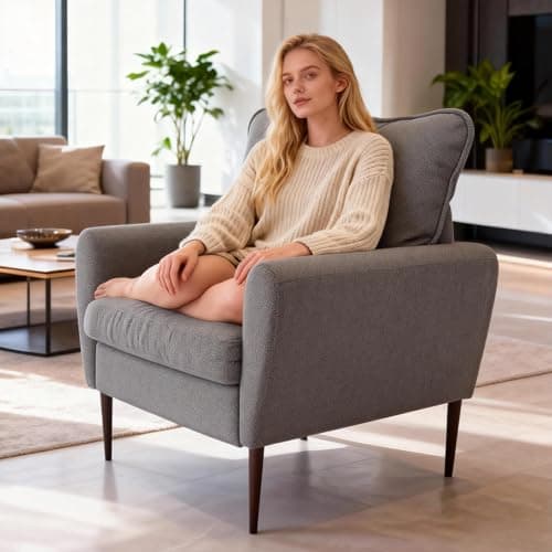 OLIXIS Comfy Accent Chair for Living Room Bedroom and Waiting Room, Upholstered Mid-Century Reading Chair with Pillow and Solid Wood Legs, Wide Singe Modern Lounge Sofa (Gray) 7