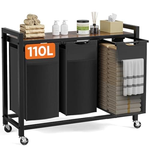 Sweetcrispy Laundry Hamper with 2 Pull-Out Removable Sorter Bags 2 × 13.1 Gal (99L) Capacity, Movable Wheels, Freestanding Clothes Basket Organizer in Bathroom, Rustic Brown and Black