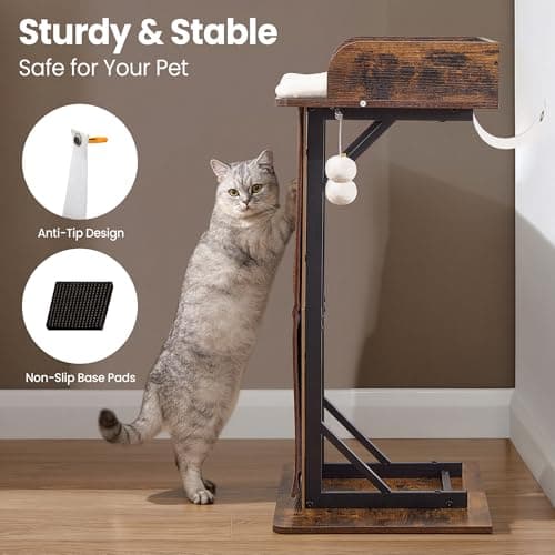Modern Wood Cat Tree Tower for Indoor Large Cats, 33.8-Inch Tall Wooden Cat Trees with Big Perch Bed, Cat Scratching Pads, Washable Removable Cushions and Scratching Mat, Cat Furniture, Rustic Brown 7