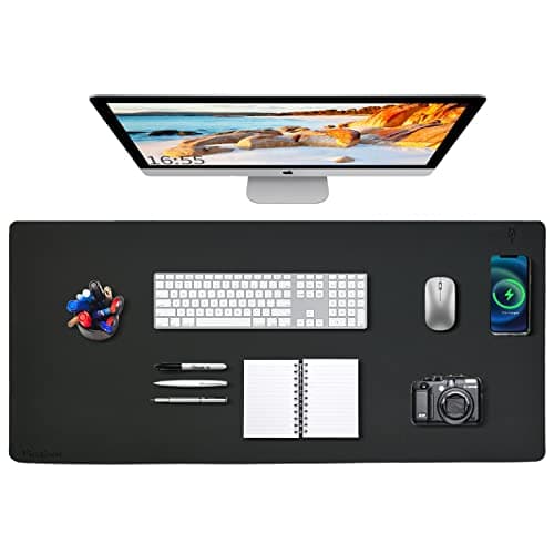 Desk Mat Wireless Charging Mouse Pad Large 32x16 Journey Desk Pad Mat with Wireless Charger Waterproof Black Leather Computer Mat with Phone Charger Mousepad Non-Slip for Keyboard and Mouse